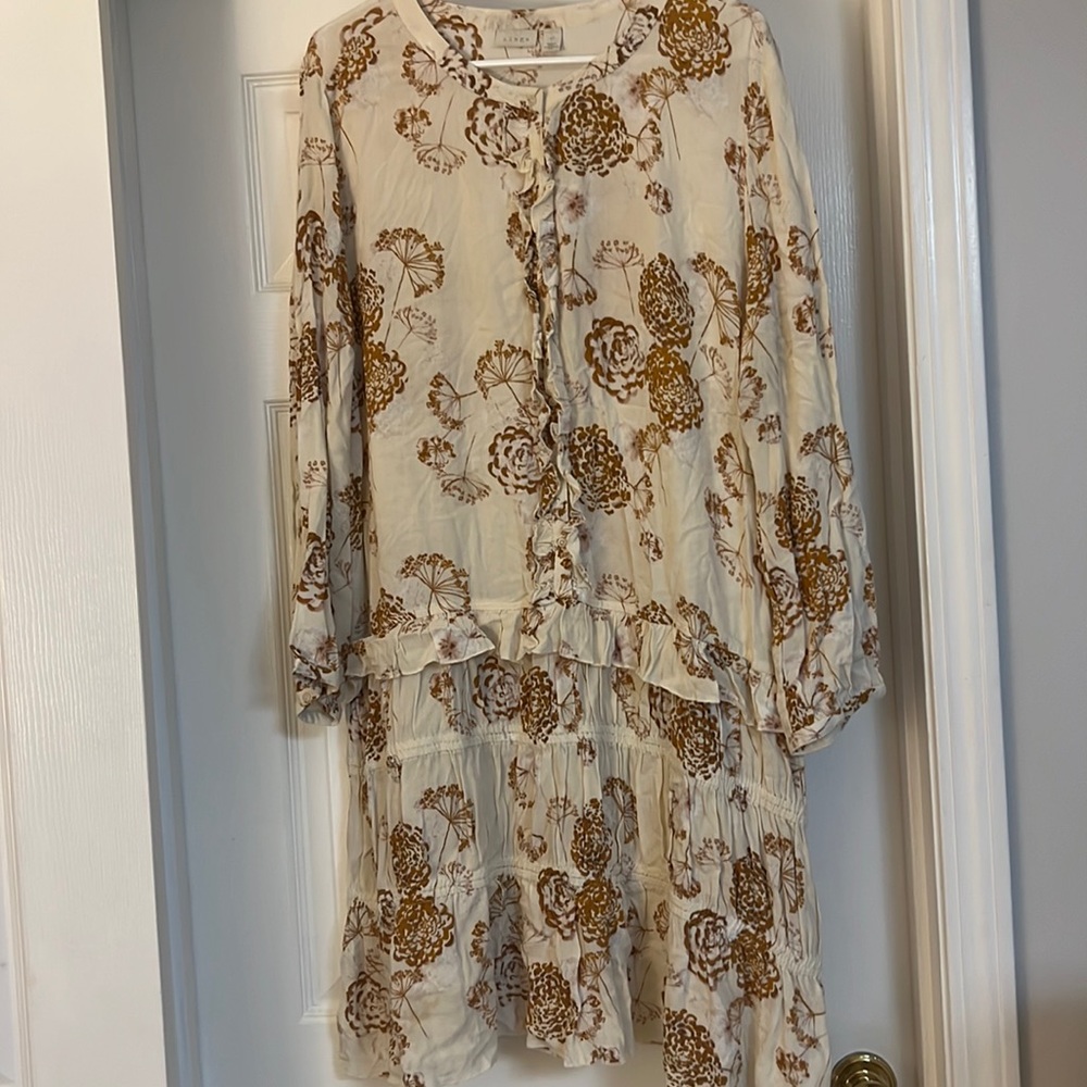 Hinge dress, ivory with brown pattern, size XL